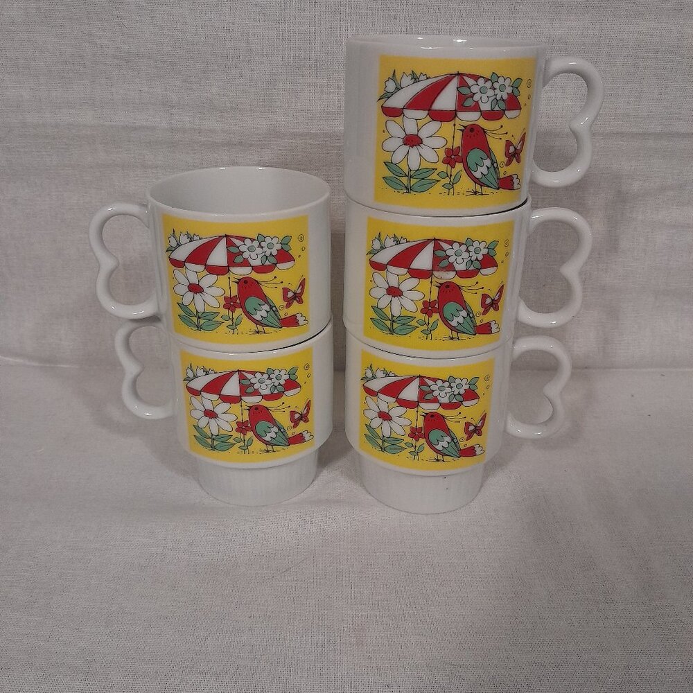 VTG Retro Stackable Mugs with Bird and Umbrella, Set of 5